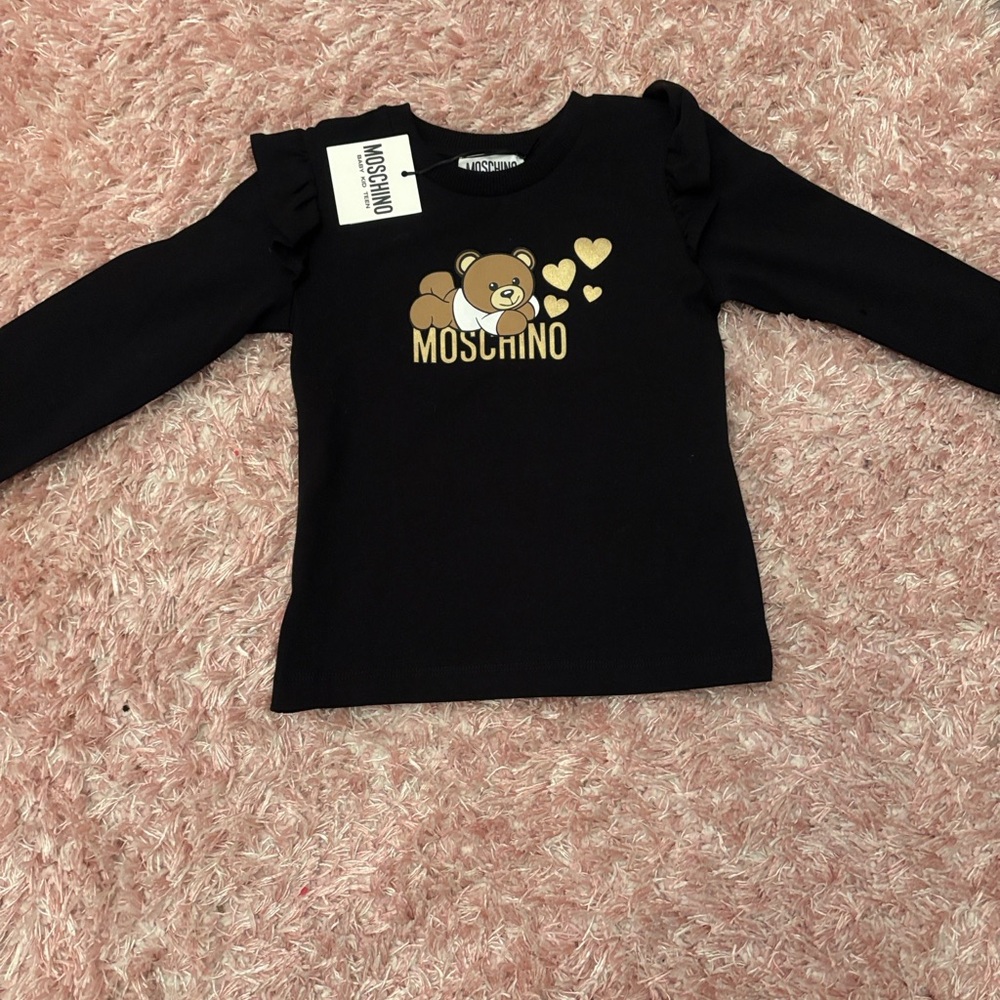 Moschino Black Long Sleeve Tee with Bear and Hearts